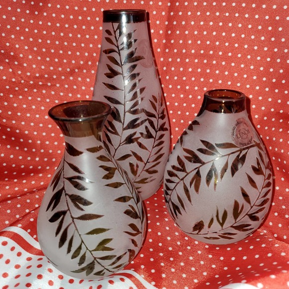 Vintage Lenox Frosted Green Botanical Glass Posy Vase Boho Decor Set of 3 - Picture 1 of 6